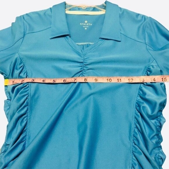 Athleta Womens Birdie Blue Polo Shirt Athletic Golf UPF 50 Rouched Sides Size M - Picture 12 of 13